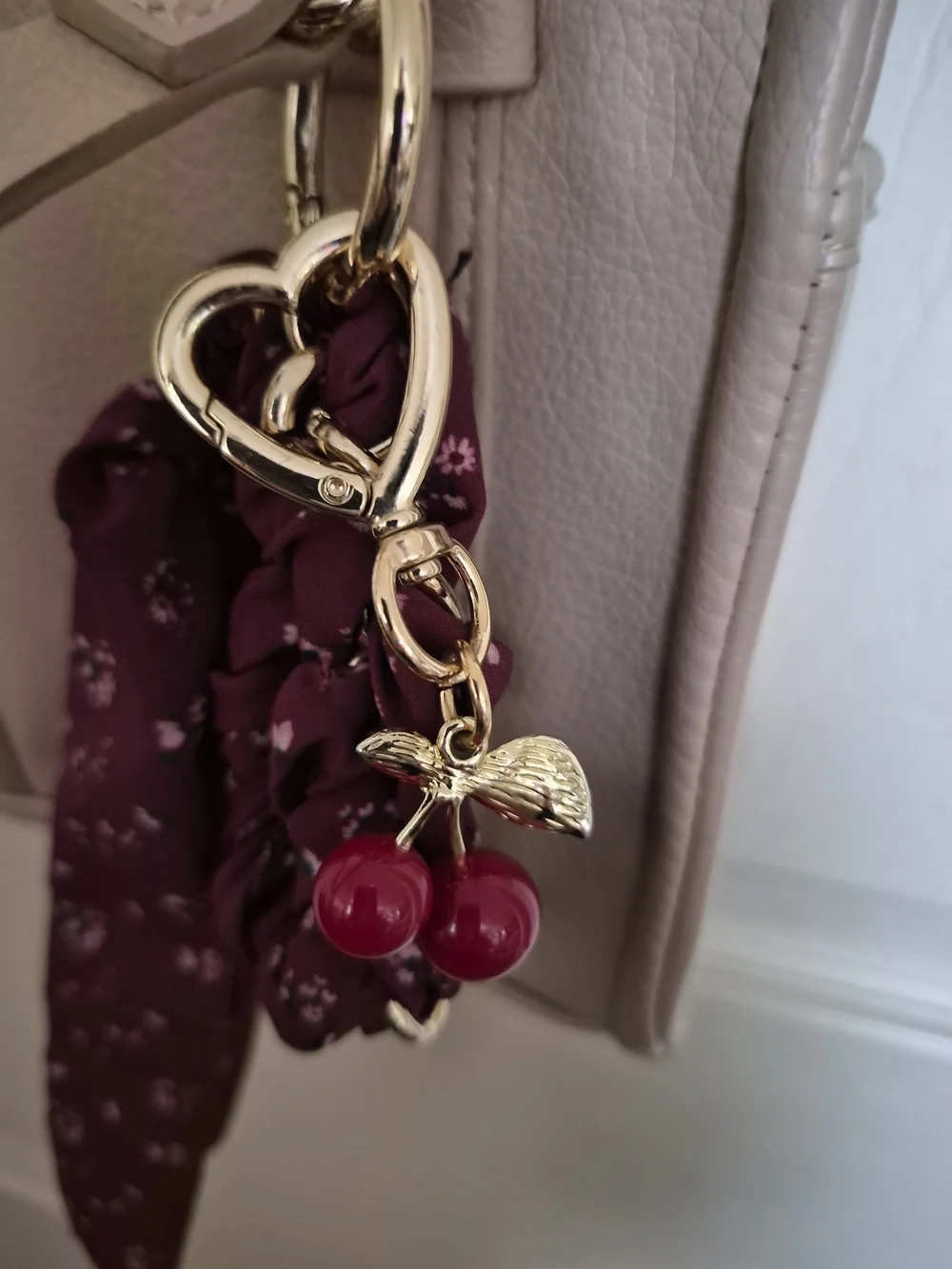 Madden Girl Cream Mini Tote with Detachable Strap and Burgundy Scarf Charm